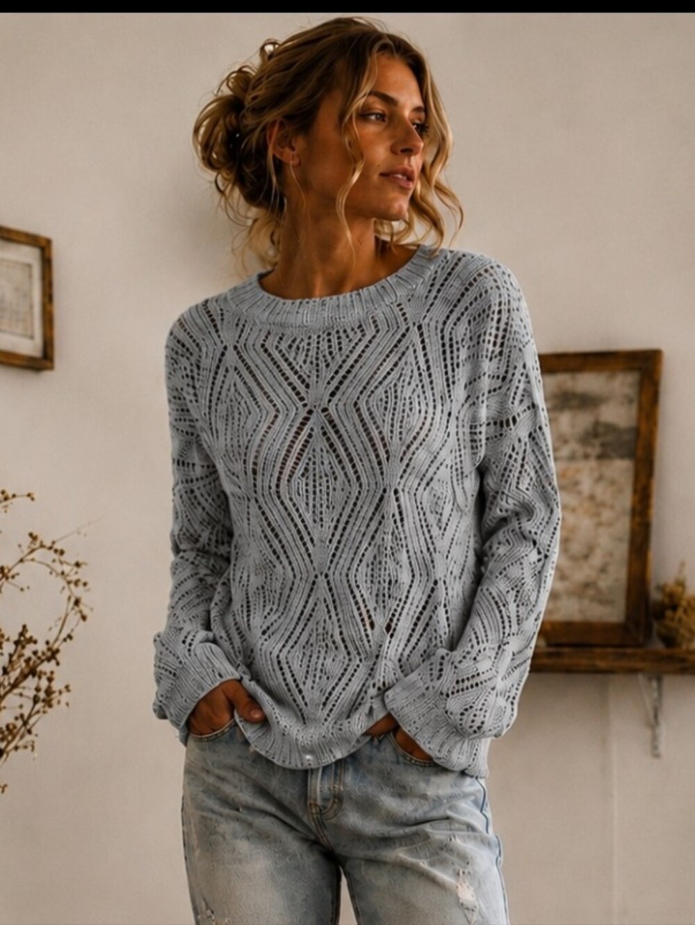 Old Navy Light Blue Open Knit Sweater XL Diamond Pattern Boho Pullover EUC